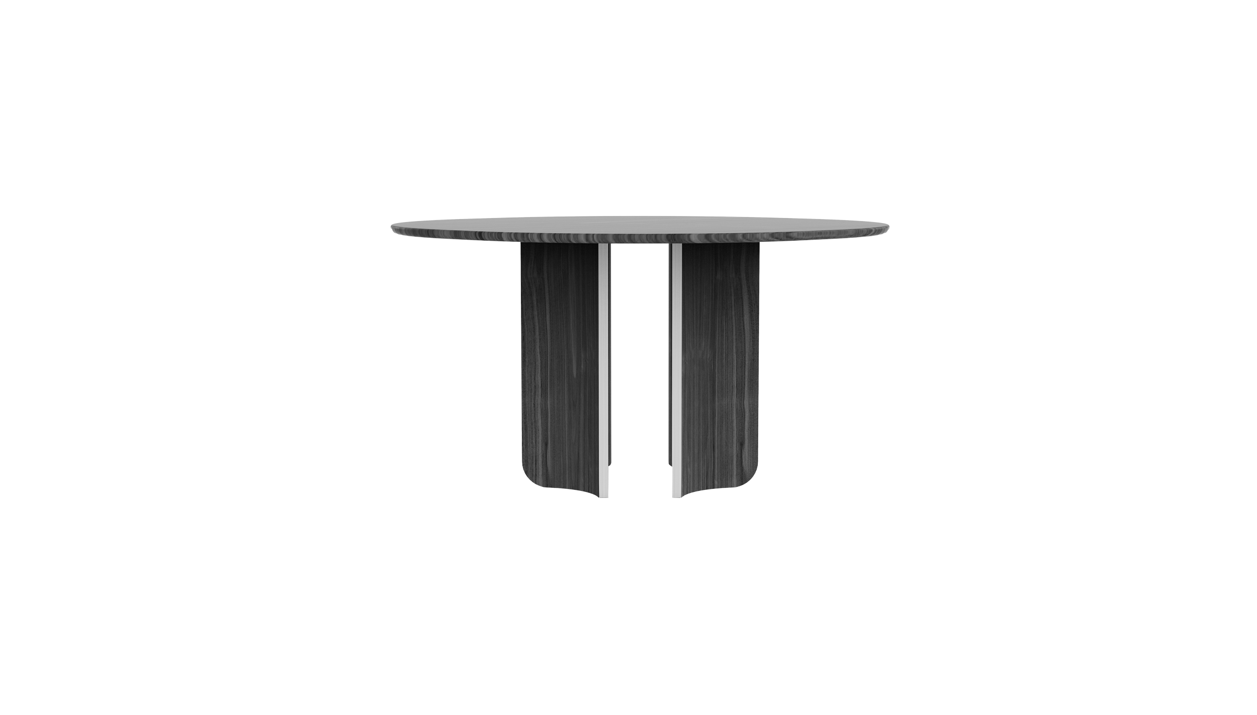 A modern black and white dining table with a rounded top and a central support base against a plain background.