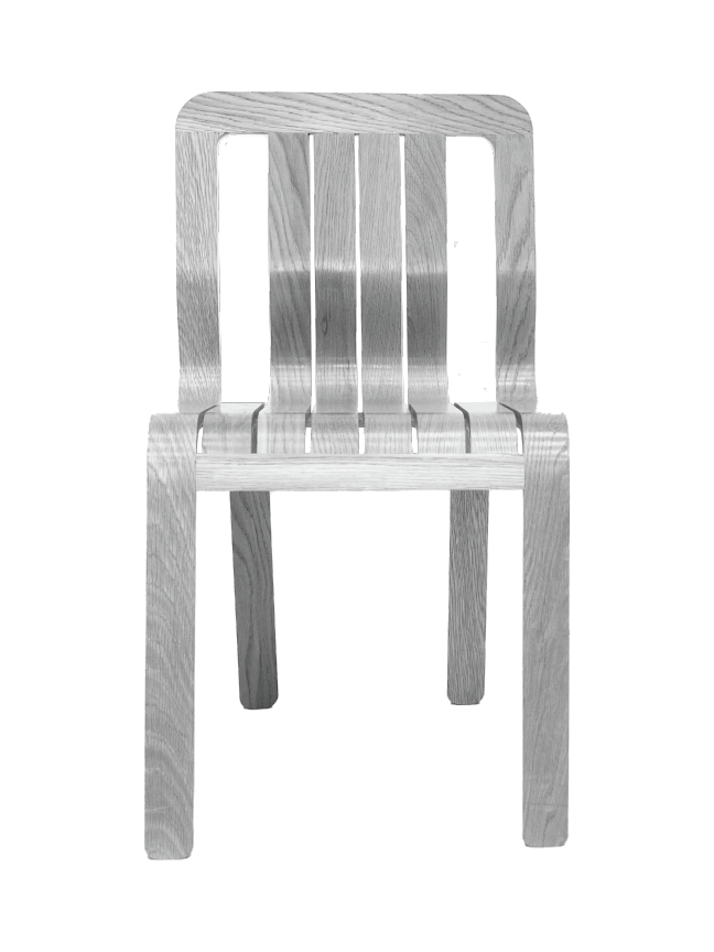 A wooden chair with a slatted back and seat, set against a black background.