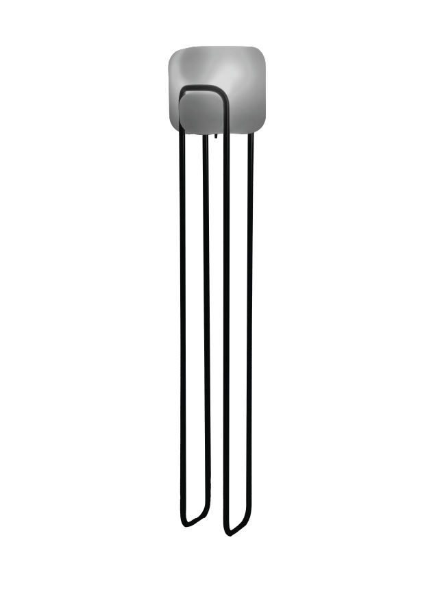 A black and silver electronic device with a curved top, connected by a black cable to another silver device, set against a black and red background.