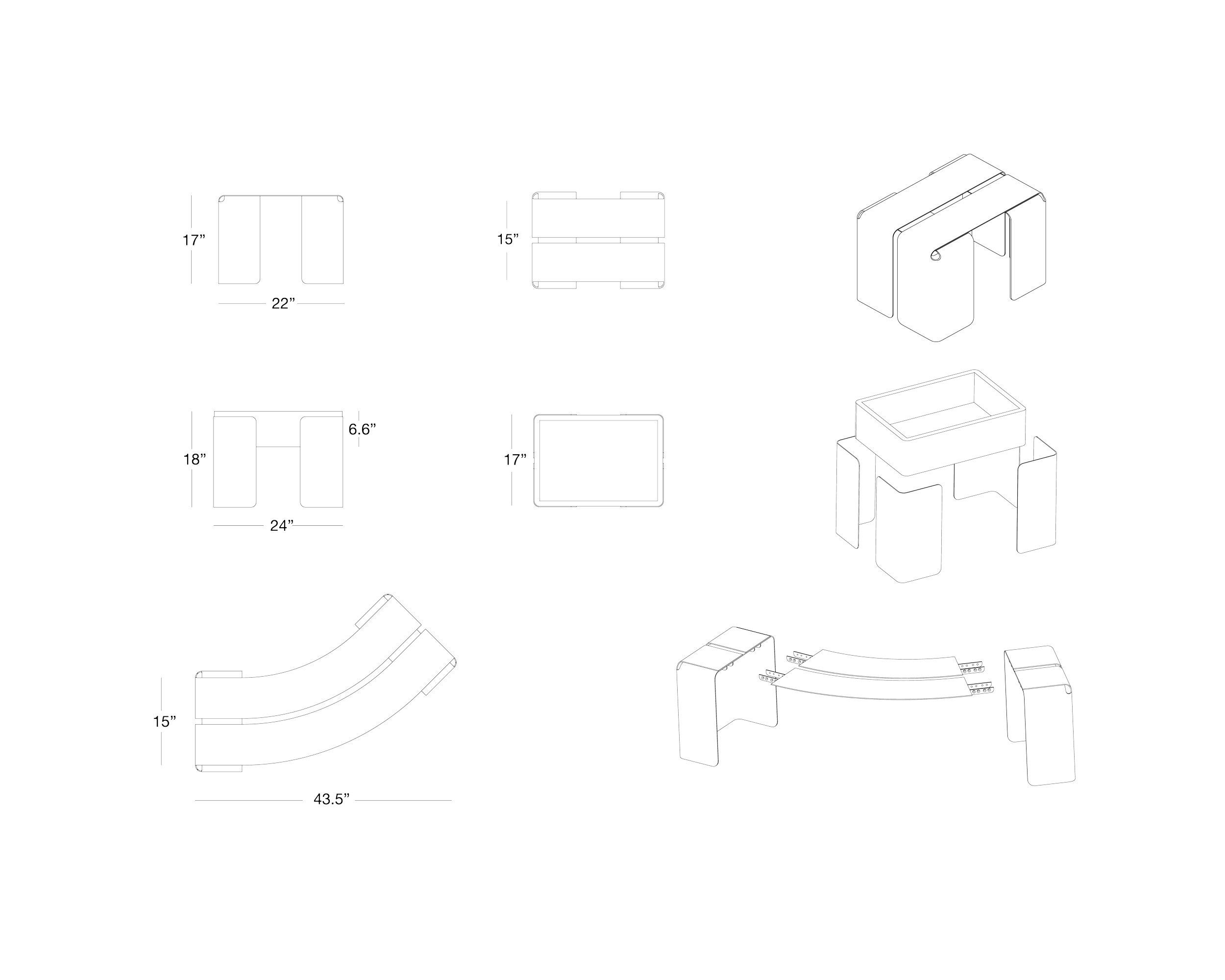 A technical drawing of a modular furniture system showing measurements and different assembly configurations, including curved and rectangular pieces.