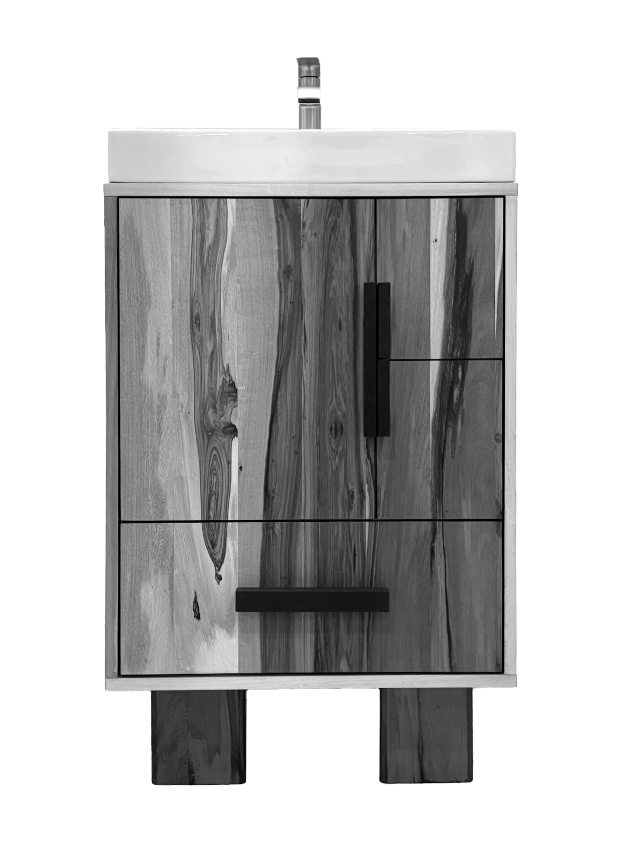 A small wooden cabinet with a patterned wood grain, black handle, and black knob, topped with a white surface and a small metal faucet, placed on a black background.