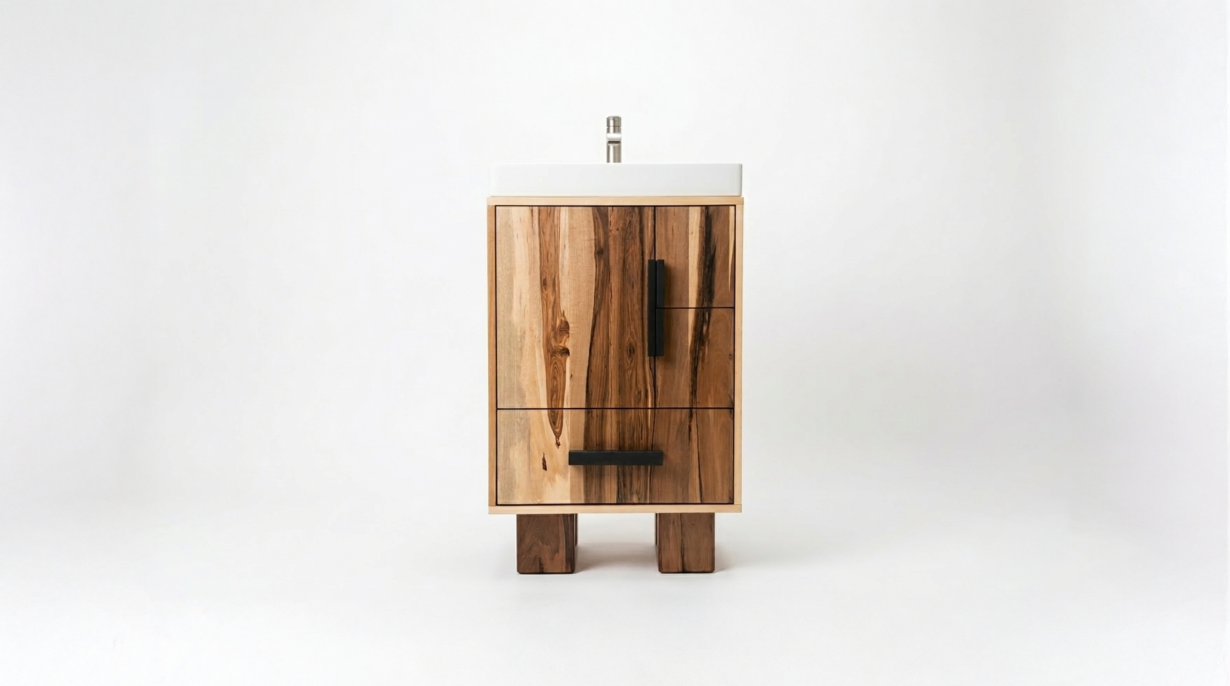 Small wooden cabinet with a white sink and a modern faucet, set against a plain white background.
