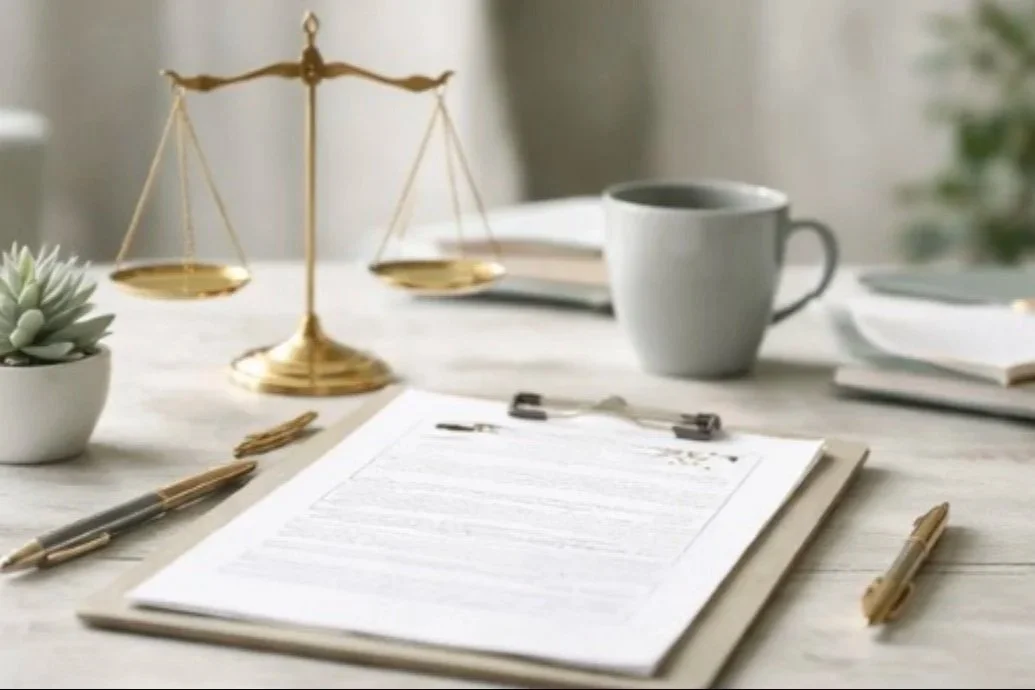 Legal documents on a desk with a gold balance scale, a coffee mug, a plant, and pens.