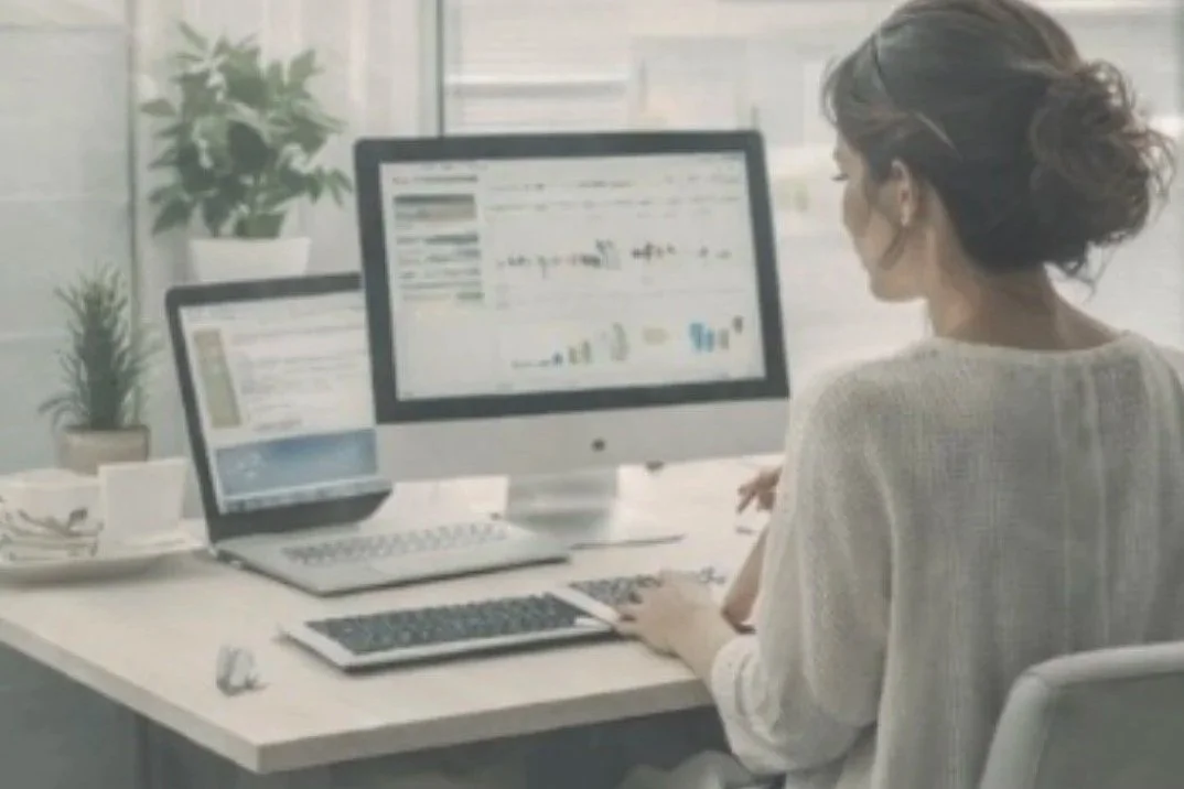 A woman working at a desk with two computer monitors, a tablet, and a keyboard in an office with plants and large windows.