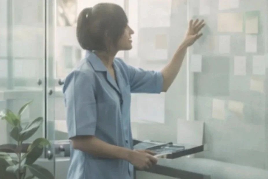 A woman in a light blue uniform writing or drawing on a transparent board or glass wall in a medical or office setting.