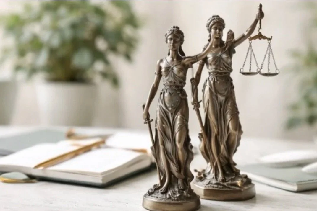 Statue of Lady Justice holding scales and sword, placed on a desk with open books and a potted plant in the background.