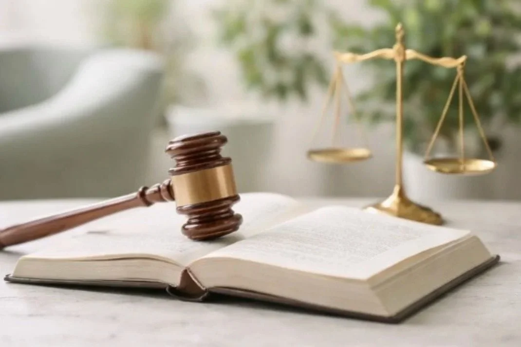 Gavel, open law book, and balance scale on a desk, representing justice.