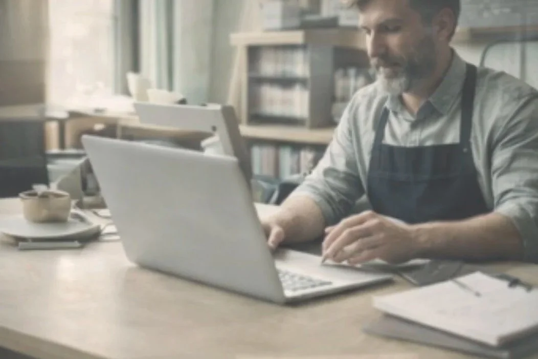 A man working on a laptop at a desk in a cozy, well-lit room with bookshelves in the background.