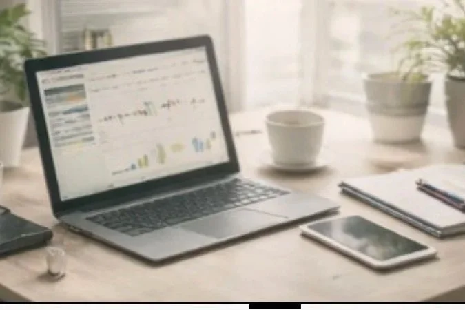 Laptop on a desk displaying data charts, with a white coffee mug, a smartphone, a closed notebook, and potted plants in the background.