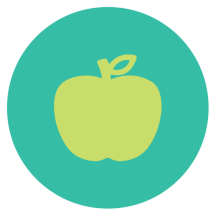 A green apple icon on a teal circular background.
