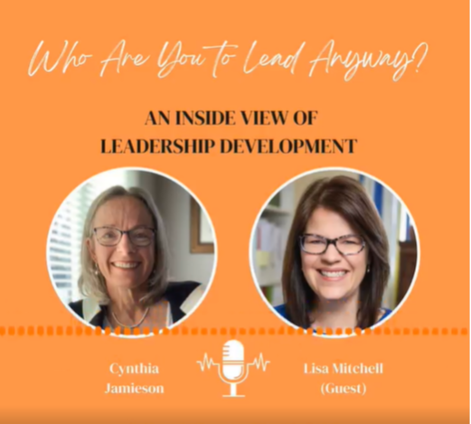 Orange promotional graphic for a leadership development talk featuring Cynthia Jamieson and guest Lisa Mitchell, with photos of both women and a microphone icon.