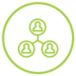 Green icon of a network or tree diagram with three connected nodes inside a circle