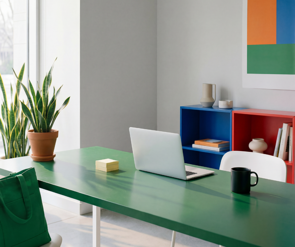 Interior of a modern office with a green desk, potted snake plant, white laptop, black mug, and a green bag; colorful bookshelf and abstract art on the wall.