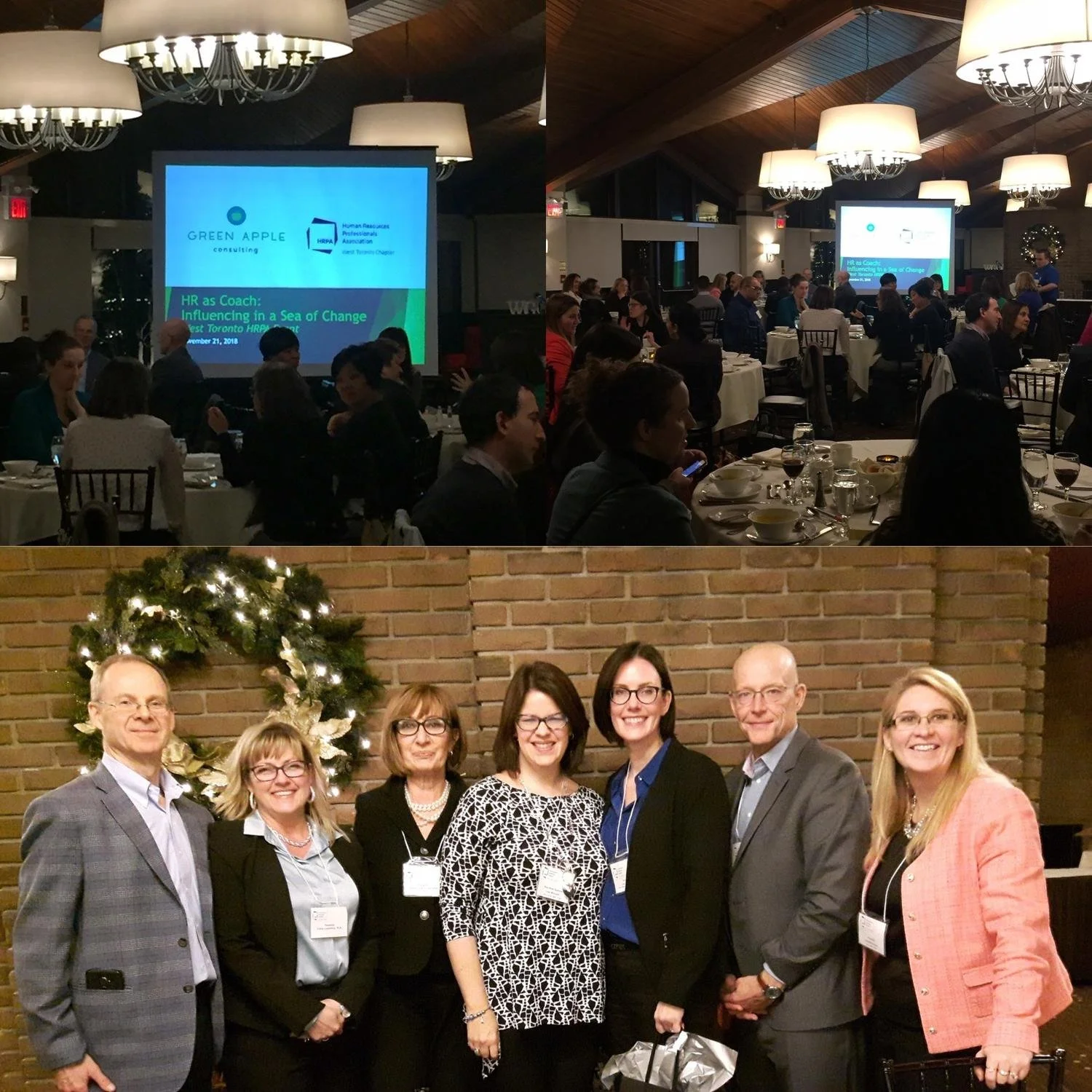 Two images: the top shows a conference room with a large screen displaying a presentation titled 'HR as Coach: Influencing in a Sea of Change' at a professional event, with attendees seated at tables. The bottom image displays a group of seven diverse professionals smiling and posing in front of a brick wall decorated with a Christmas tree.