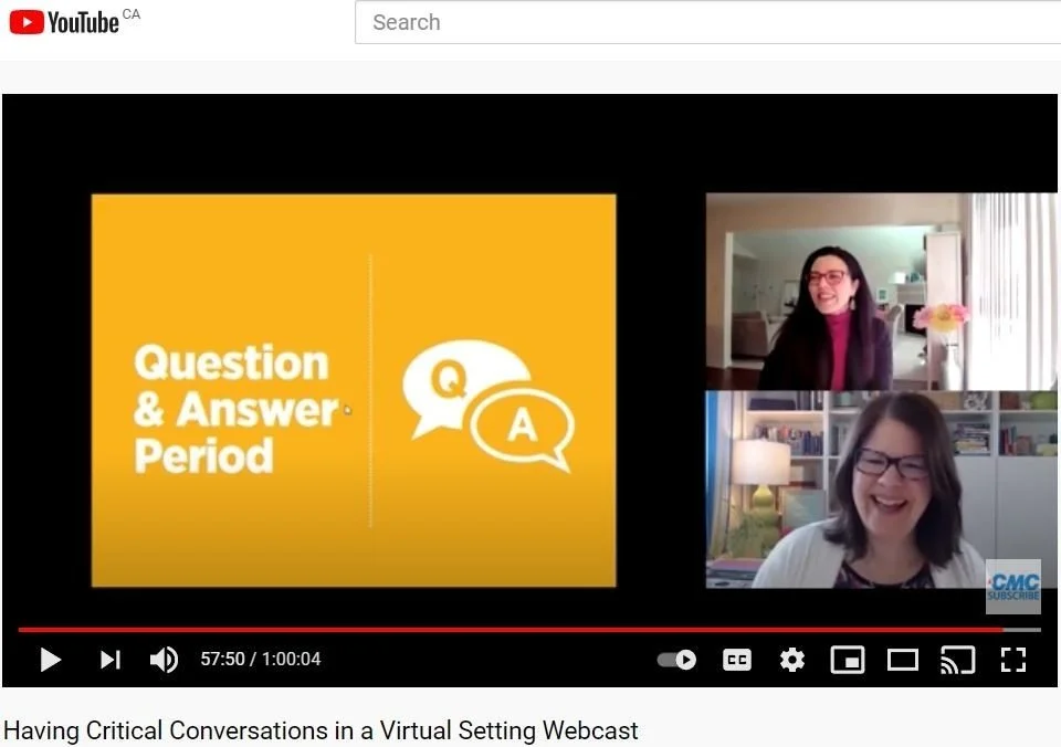 Screenshot of a YouTube webcast titled 'Having Critical Conversations in a Virtual Setting' showing a slide with 'Question & Answer Period' and two women smiling on video call.