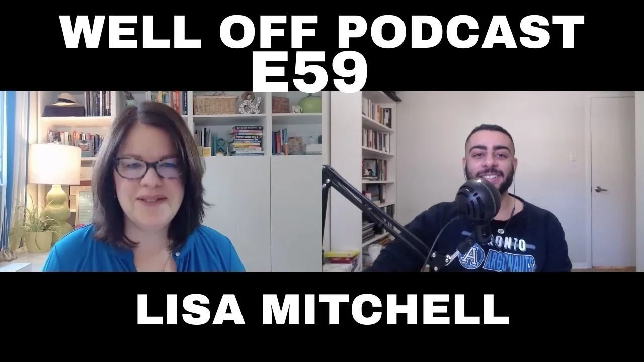 Screenshot of a podcast interview with two hosts, a woman with glasses and dark hair wearing a blue shirt, and a man with a beard and short hair wearing a black Toronto Argonauts shirt, sitting in rooms with bookshelves. The top text reads 'WELL OFF PODCAST E59', and the bottom text reads 'LISA MITCHELL'.