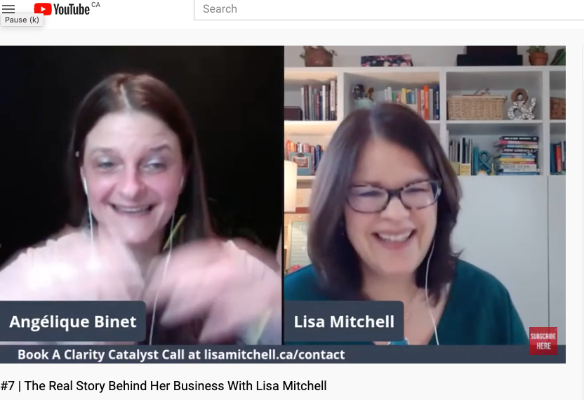 Two women, Angélique Binet and Lisa Mitchell, are on a video call smiling, with bookshelves in the background.