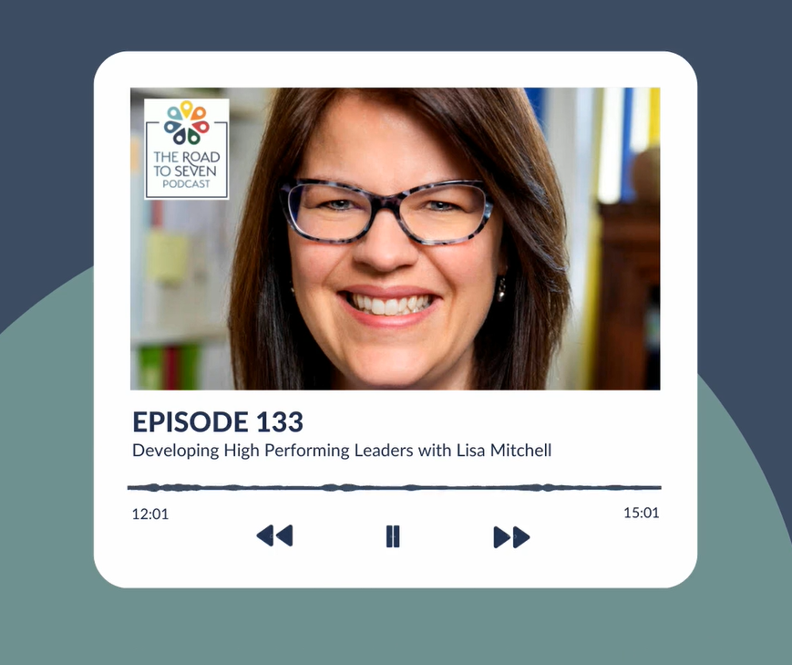 Podcast cover art featuring a woman with glasses and brown hair, smiling. Text indicates it's for 'The Road to Seven Podcast,' episode 133 on developing high performing leaders with Lisa Mitchell, with audio playback controls below.