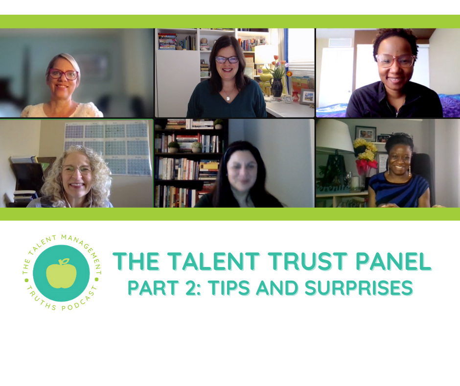 Six women participating in a virtual panel discussion titled "The Talent Trust Panel Part 2: Tips and Surprises" on a video call, with text and logo of the podcast "The Talent Management Truths Podcast" at the bottom.