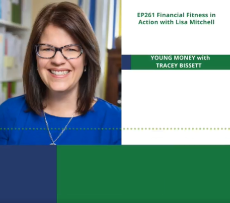 Cover page of an educational presentation titled 'EP261 Financial Fitness in Action with Lisa Mitchell,' featuring a smiling woman with shoulder-length brown hair, wearing glasses and a blue top, in front of a bookshelf. Includes a green banner reading 'YOUNG MONEY with TRACEY BISSETT.'