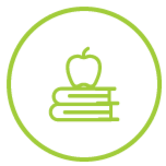 Icon of an apple on a stack of books inside a green circle