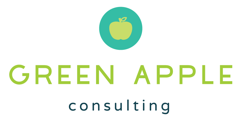 Logo for Green Apple Consulting featuring a green apple inside a teal circle with green and blue text.