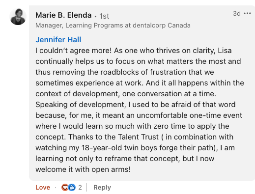 Screenshot of a LinkedIn comment from Marie B. Elenda praising Jennifer Hall for her support and guidance.