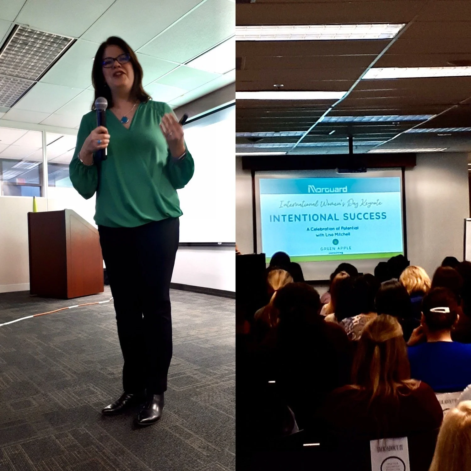 A woman standing on a stage with a microphone, wearing a green blouse, black pants, and black boots; an audience watching a presentation in a conference room, with a slide titled 'International Women's Day Celebration: Intentional Success' displayed on a screen