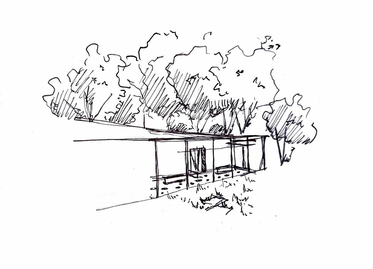 Concept sketch of an open building frame surrounded by vegetation.
