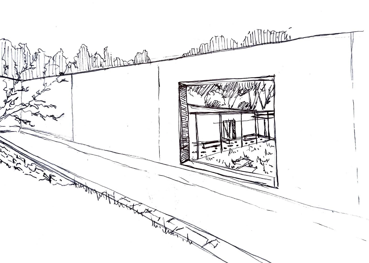 Field sketch of a retained wall with a large rectangular opening.