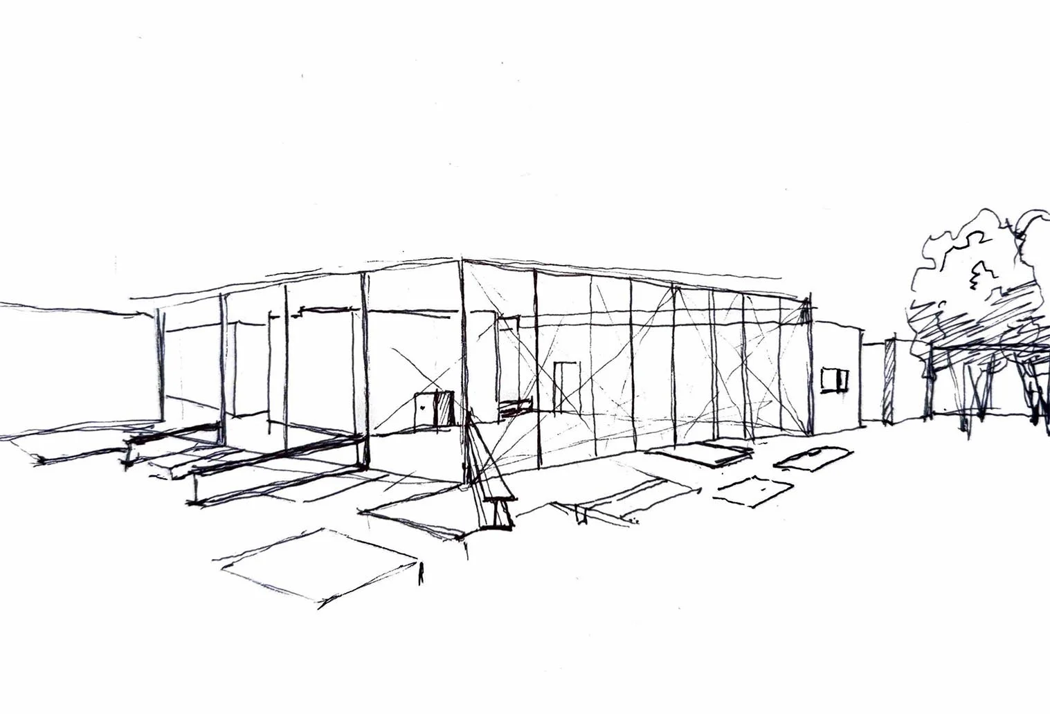 Field sketch of the building’s exposed frame and remaining walls.