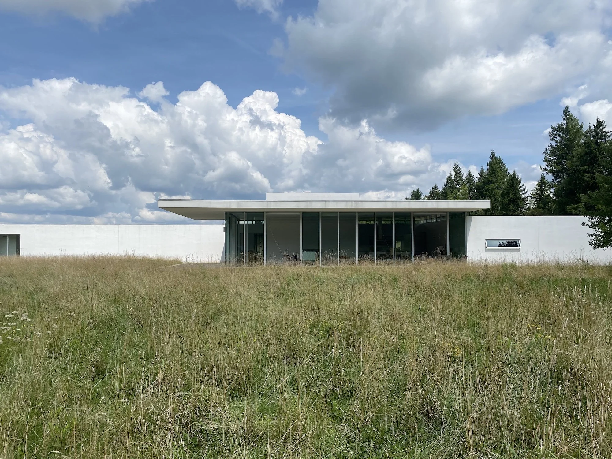 Fairlawn’s white modernist house beyond a meadow under a cloudy sky.