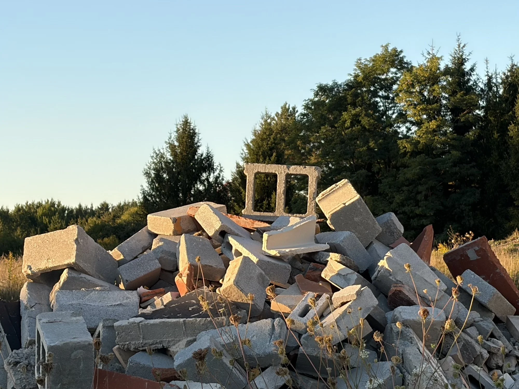 Pile of broken concrete blocks and masonry beside trees.