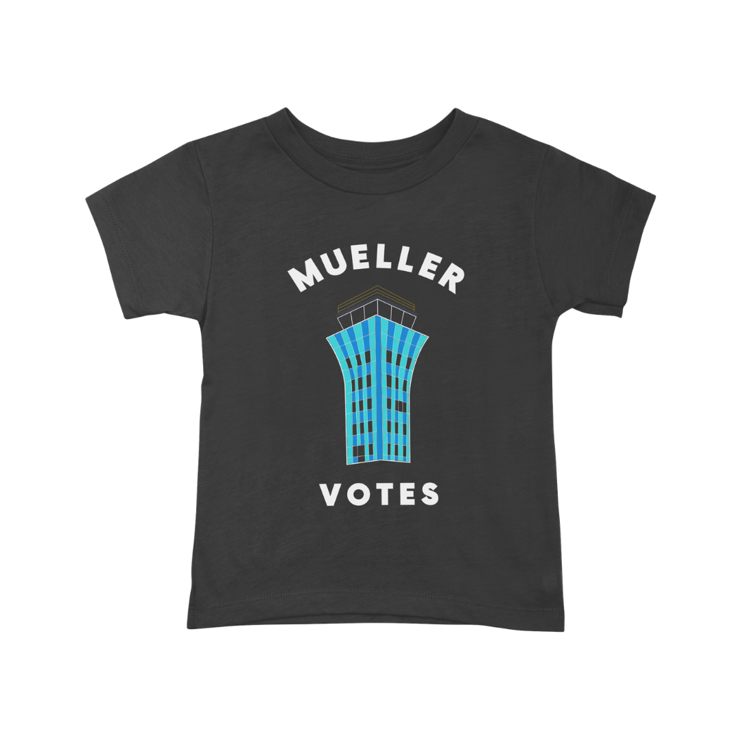 Gray T-shirt with a graphic of a blue building and the words "MUELLER VOTES" printed on it.