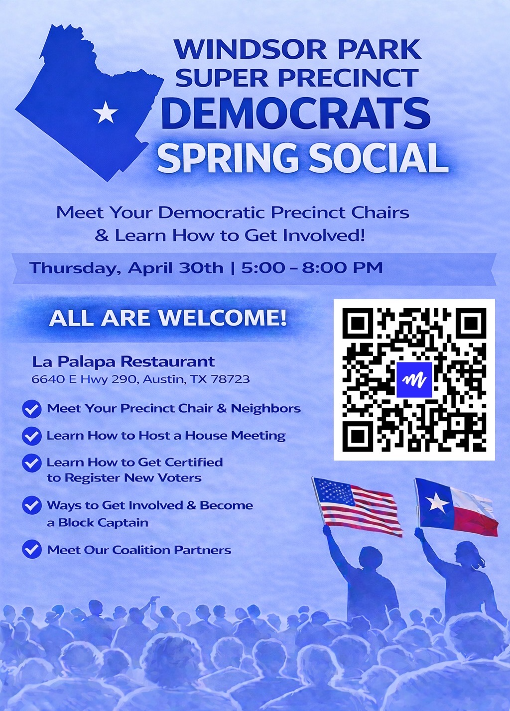Flyer for Windsor Park Super Precinct Democrats Spring Social event, showing a map of Texas with a star, event details, and an image of people holding American and Texas flags.