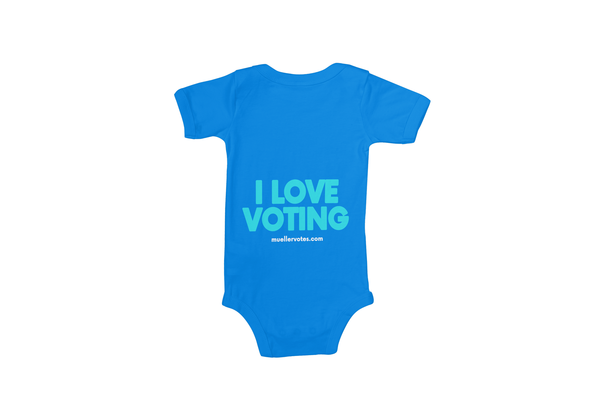 Blue onesie with the words "I LOVE VOTING" and a website link at the bottom.