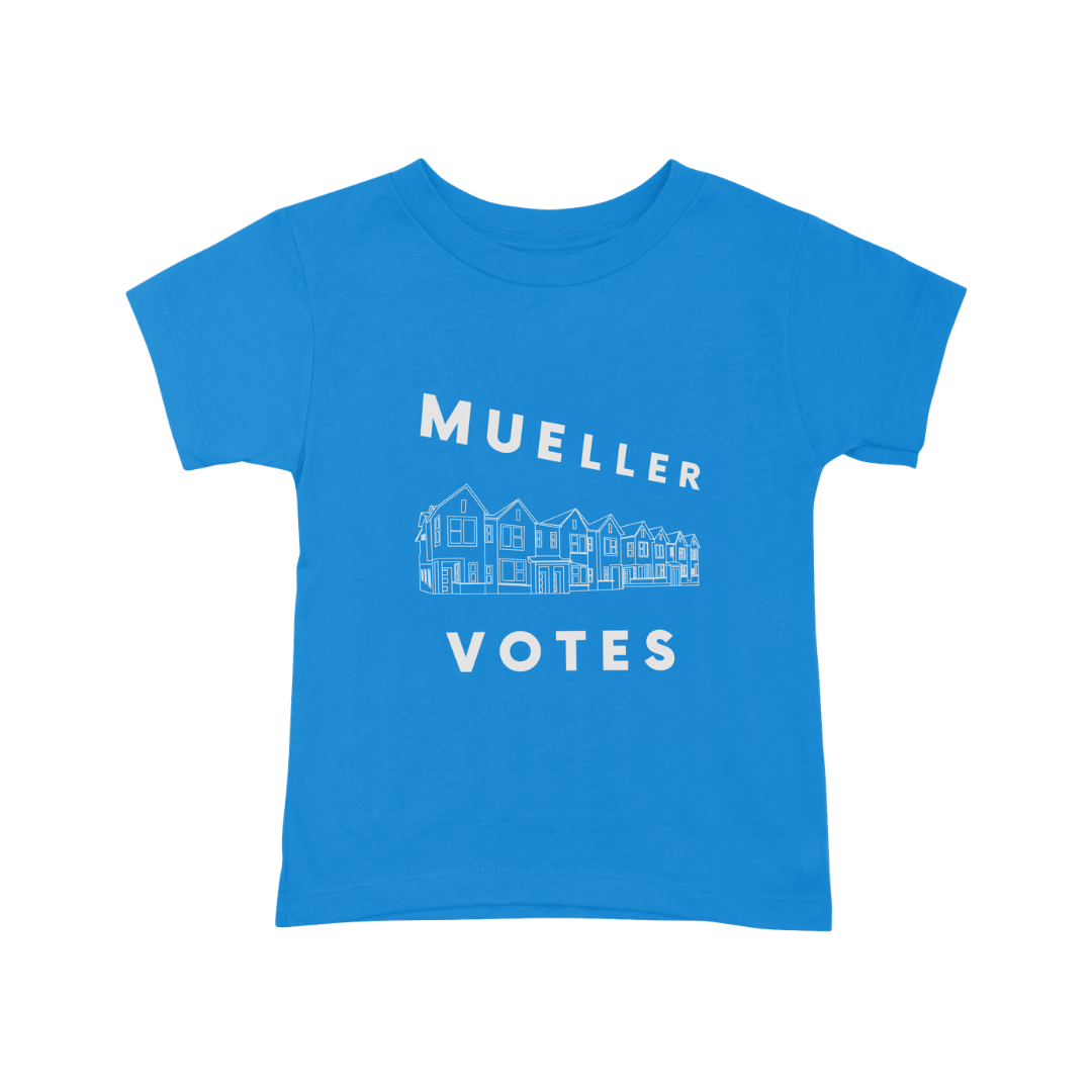 Blue T-shirt with white text reading 'MULLER VOTES' and an outline of a row of houses.
