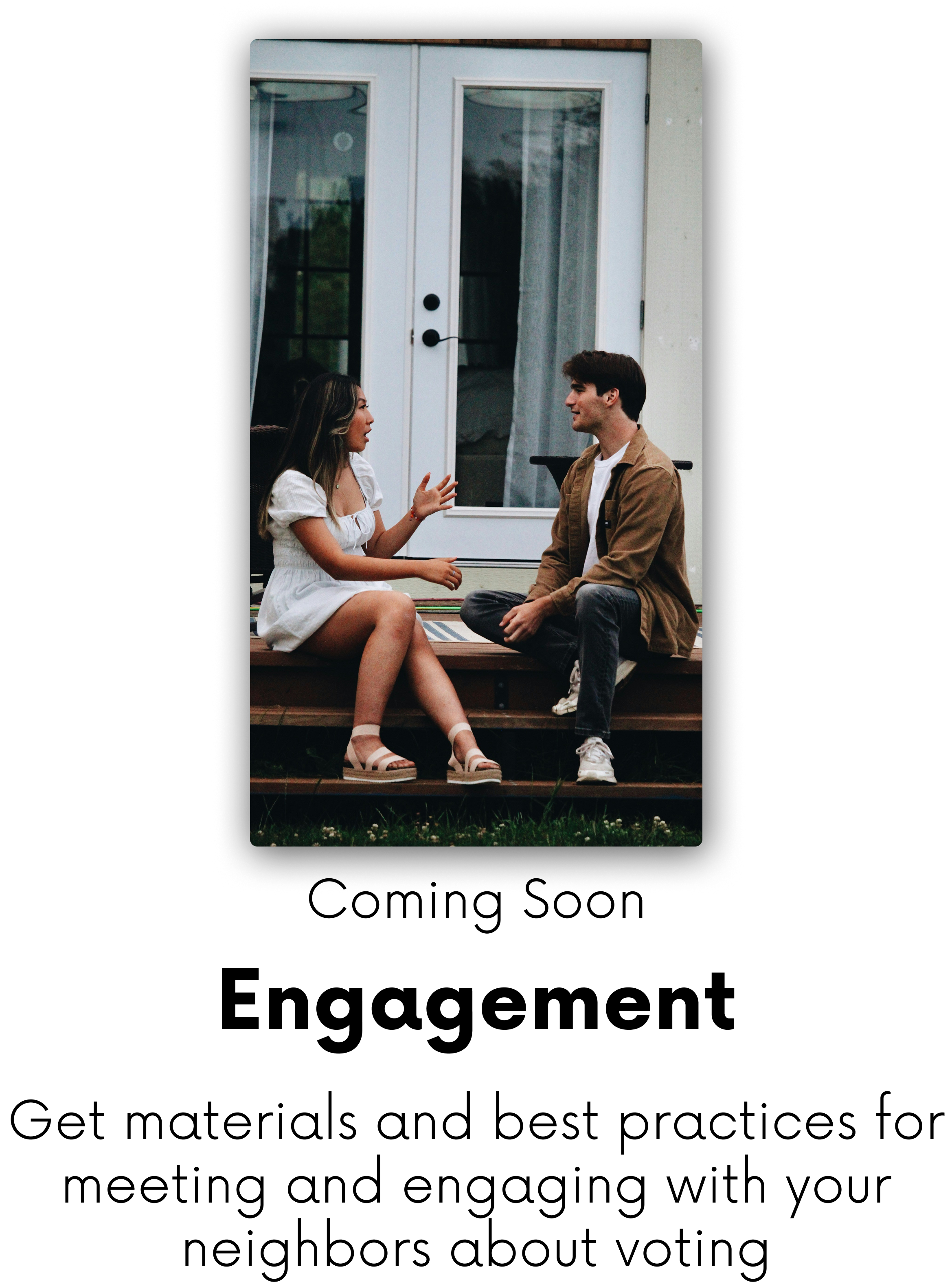 A young woman in a white dress with puffed sleeves and sandals, and a young man in a brown jacket and jeans, sitting on outdoor steps near a door with glass panes, engaged in conversation.