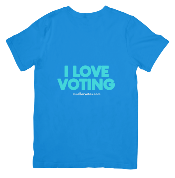 Blue T-shirt with the text 'I LOVE VOTING' and a website URL muellervotes.com