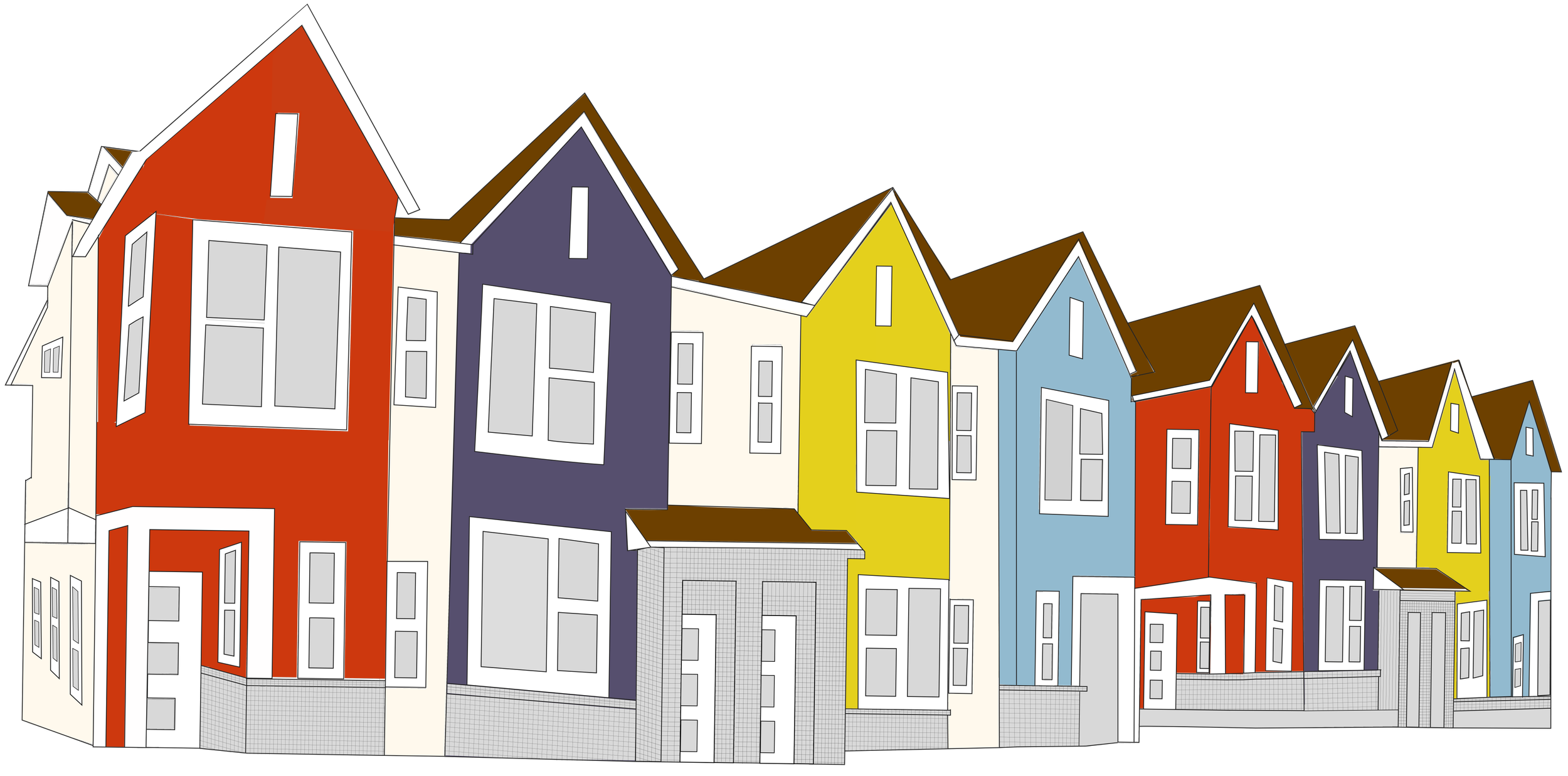 Colorful row houses in yellow, blue, red, orange, purple, and white with gabled roofs, large windows, and front yards.