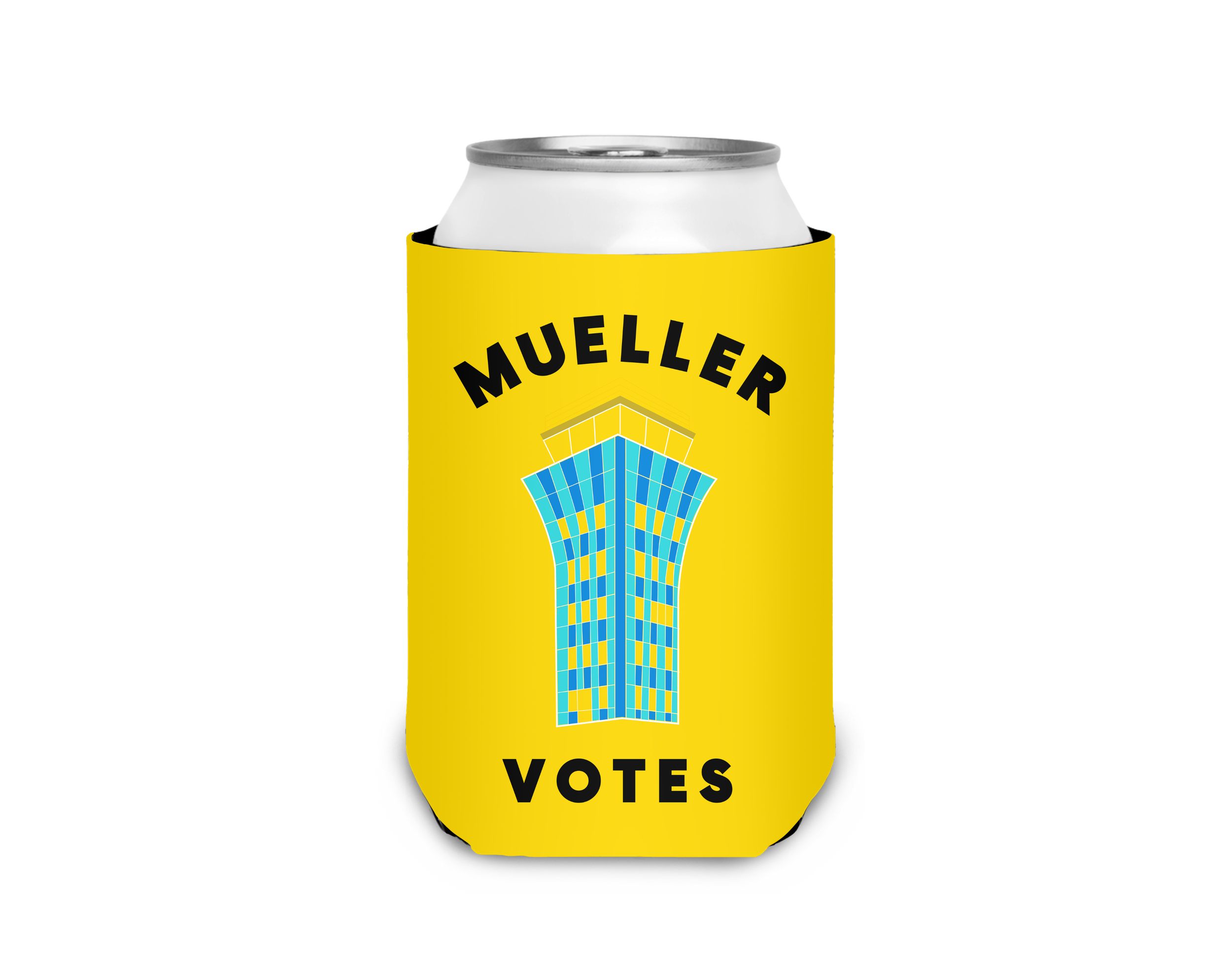 A can of beer with a yellow election campaign can label that says "MULLER VOTES" with a colorful mosaic illustration representing a building or structure.