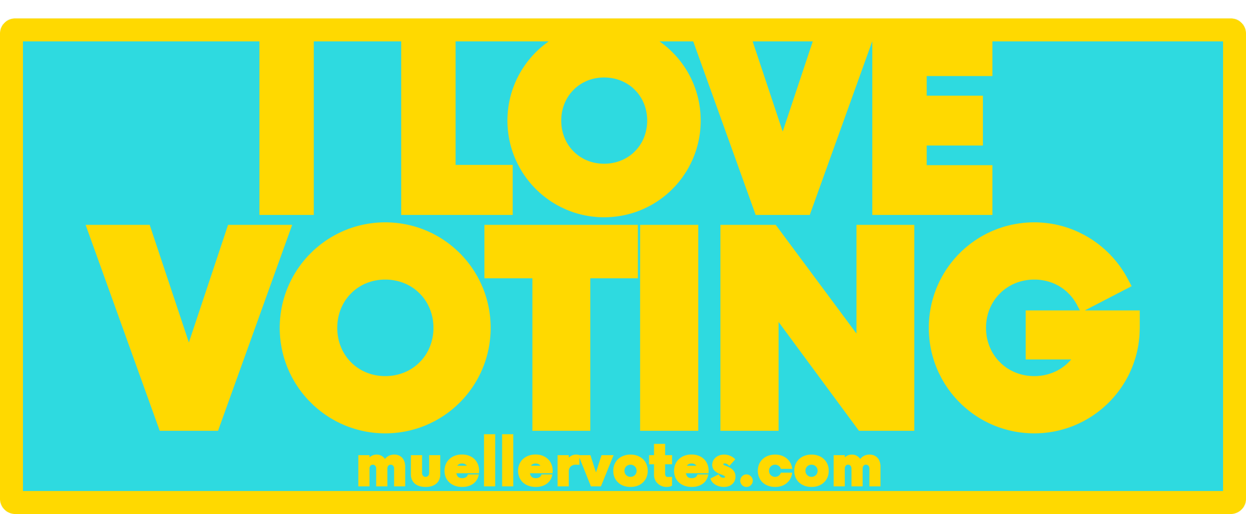 Bright yellow and blue logo with the text 'LOVE VOTING' and a website URL 'muellervotes.com'.