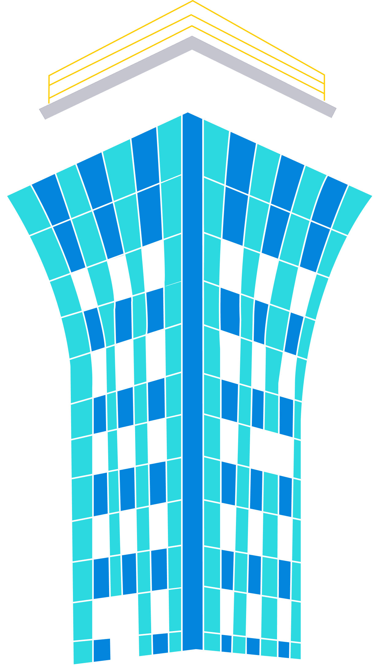Illustration of a modern skyscraper with a curved facade covered in blue glass panels and a dark top section, set against a black background.