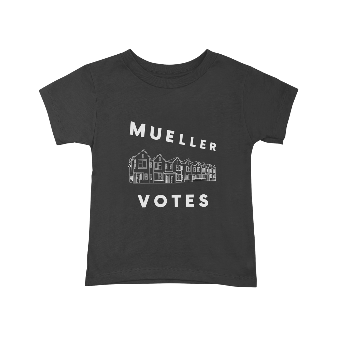 Black t-shirt with white text and a house illustration that reads 'Muller Votes'.