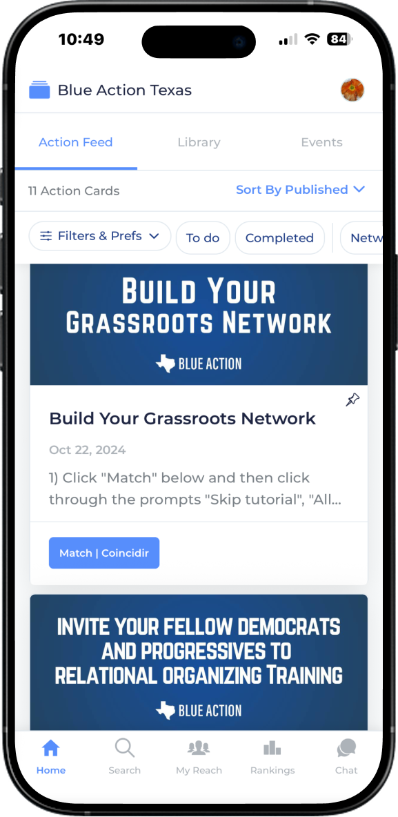 Screenshot of a mobile app interface titled 'Blue Action Texas' showing action cards and options to build a grassroots network and invite Democrats for organizing training.