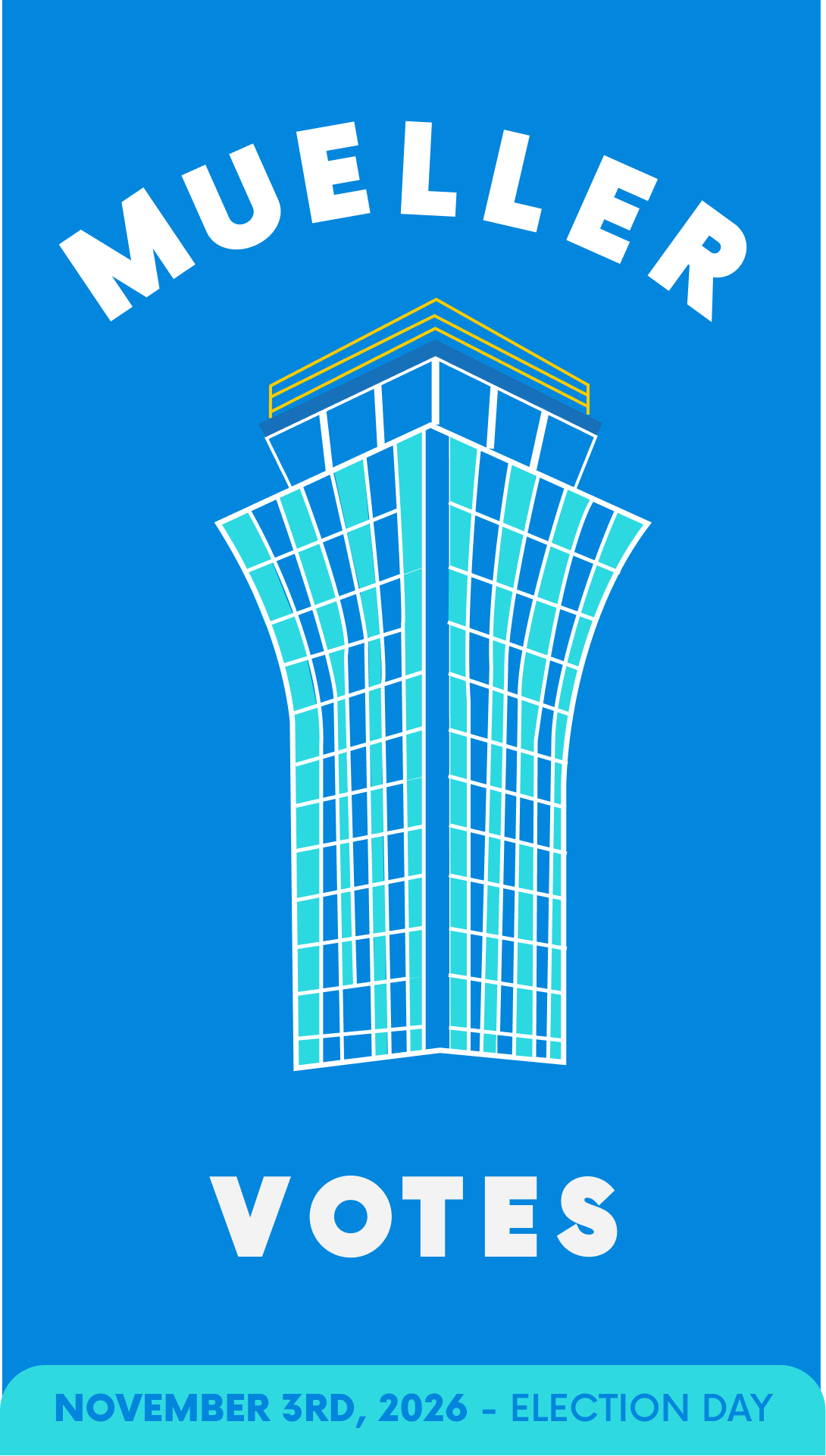 A blue poster featuring an illustration of a modern glass skyscraper and the word 'VOTES' at the bottom. It promotes voting for the November 3rd, 2026 election day.