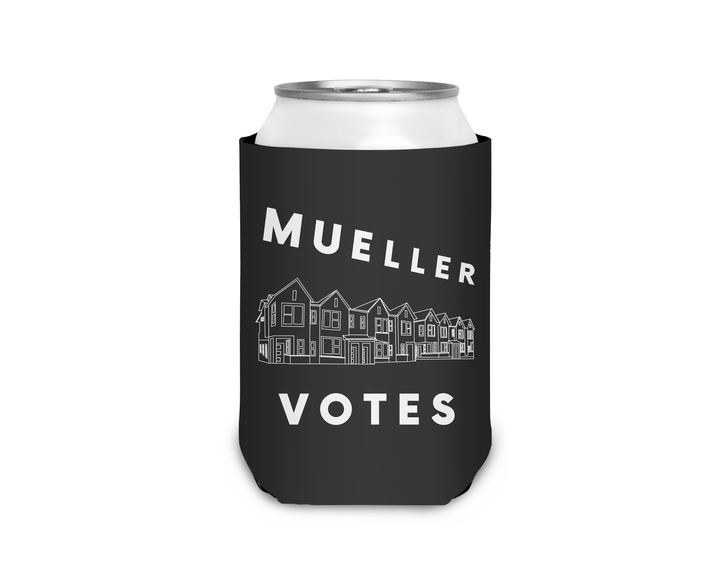 A black can cooler with white line drawings of houses and the words "Muellervotes".