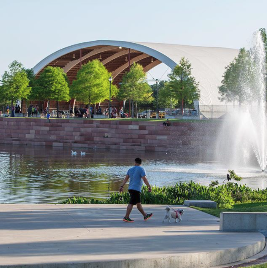 Person walking a dog along a lakeside promenade with trees, fountain, and a large pavilion in the background.