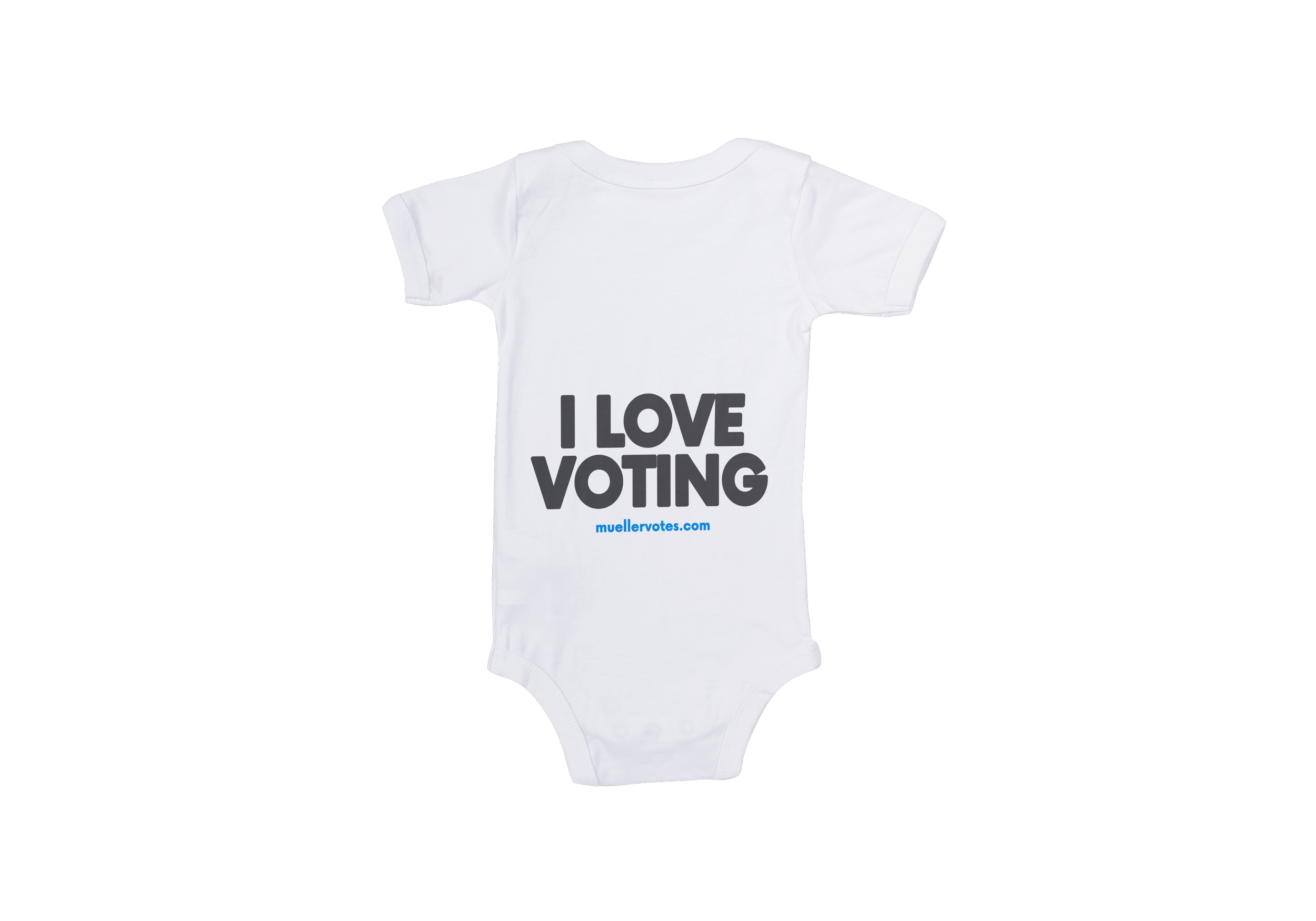 White baby onesie with black text reading "I LOVE VOTING" and a website URL muellervotes.com.