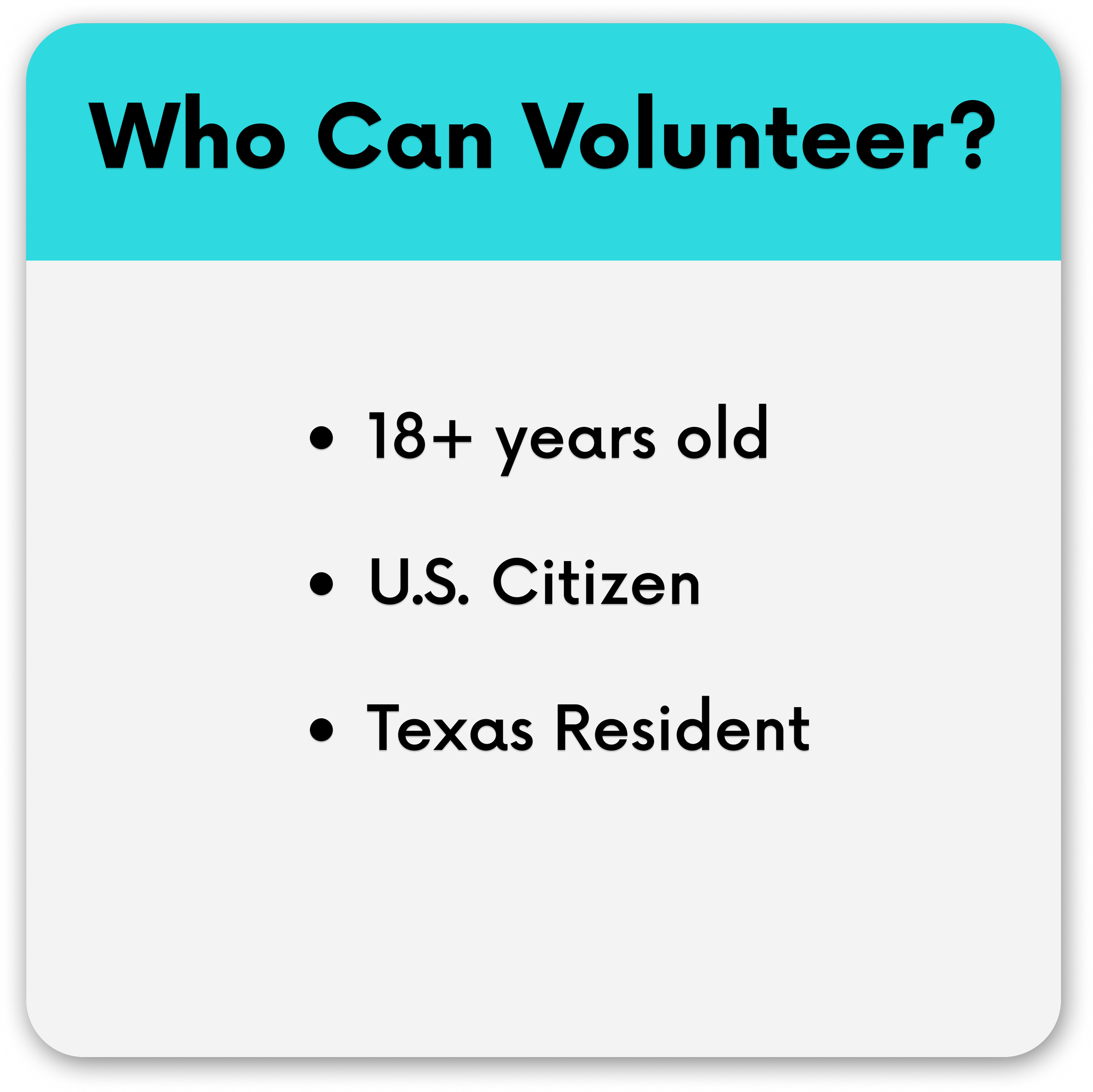 A presentation slide with the text "Who Can Volunteer?" in large black letters on a turquoise background, with details about volunteering eligibility below.